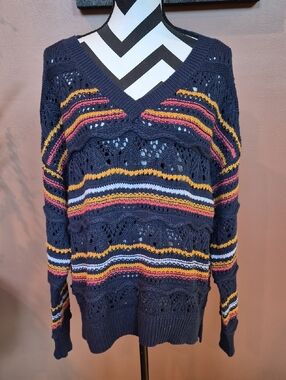 Sundance Navy Striped V-Neck Openwork Knit Sweater